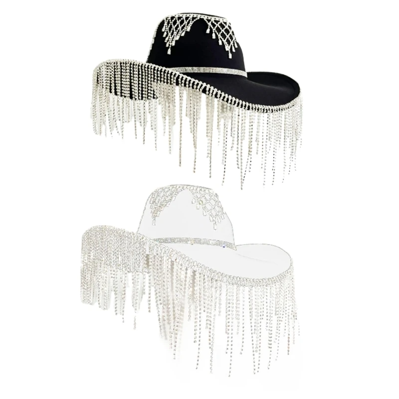 

Fashion Rhinestones Fringed Tassels Cowgirl Hat Western Women Large Wide Brim Cowboy Hat for Bachelorette Party Club Photo Props