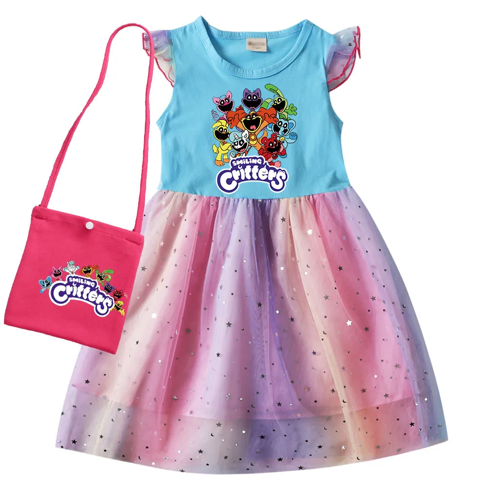 Kids Summer Clothes Baby Girls Cartoon Smiling Critters Cosplay Costume Catnap Princess Dress Rainbow  Mesh Birthday Vestidos