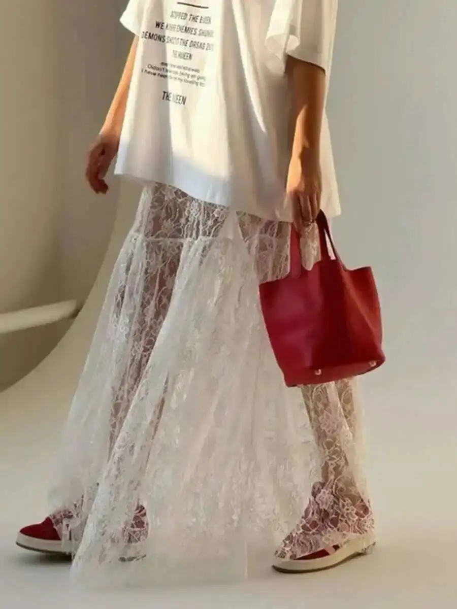 Lace Jacquard Transperant Women Summer New High Waist Sexy Casual Long Skirts 2026 Streetwear Fashion White Maxi Skirt M9T8