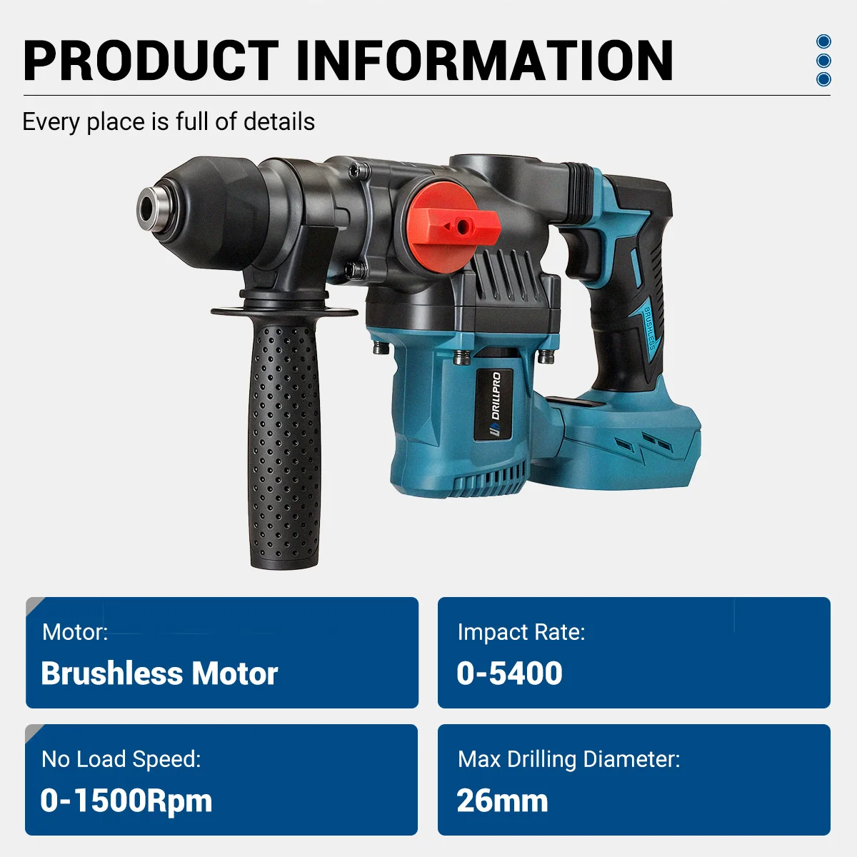 Brushless Motor Electric Hammer Drill 26mm Max Drilling Diameter 0-1500 rpm No Load Speed 0-5400 Impact Rate with 2 Mode Switch