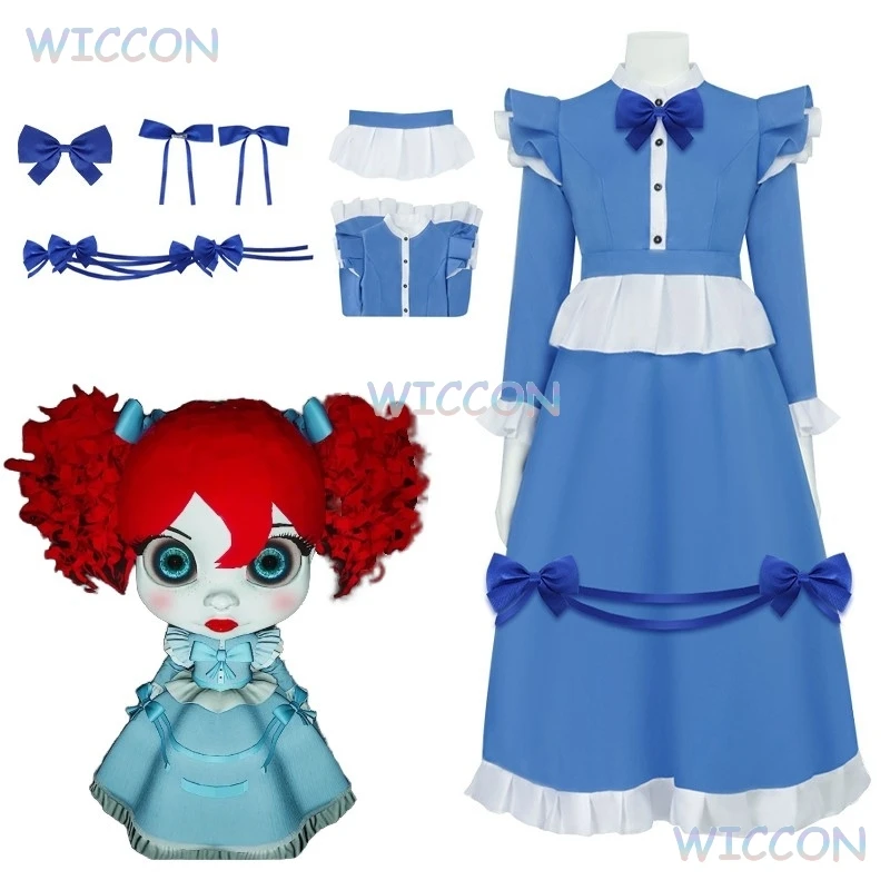 Juego Poppy Cos Playtime chica de pelo rojo el Poppy Cosplay disfraz vestido mujeres niñas vestido de sirvienta azul vestido de fiesta de Halloween Lolita