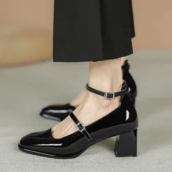 2024 New Women's Mary Jones Shoes High Quality PU Leather Shoes for Women's Square Toe Shallow Buckle Sandals