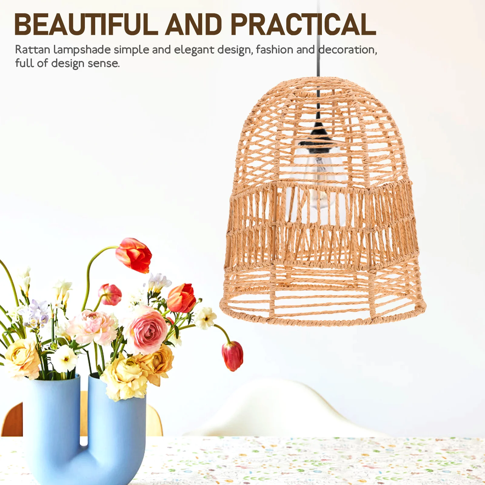 

Imitation Rattan Paper Rope Lampshade Handmade Woven Chandelier Shade Iron Lamp Cover Warm Light Home Accessories