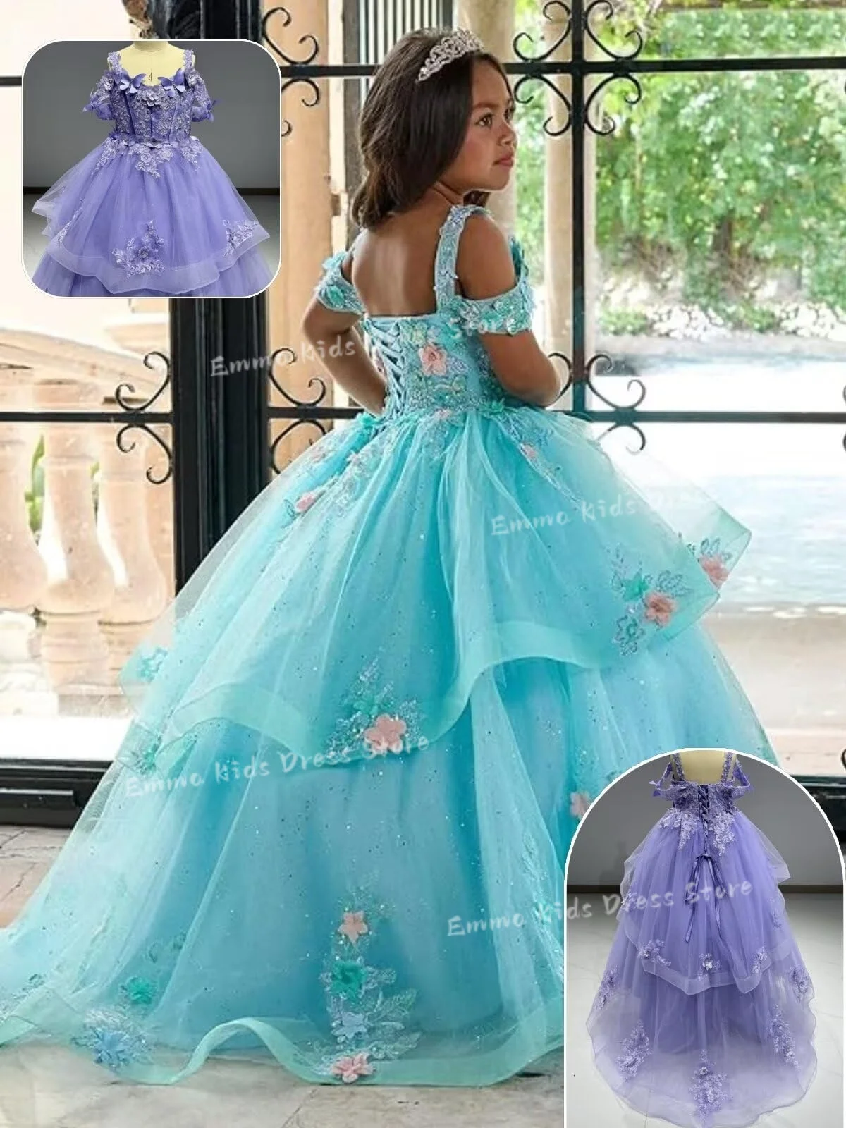 

Custom 3D Flower Girl Dress Wedding Off-Shoulder Dress Girl's First Communion Birthday Party Puffy Tulle Lace Pageant Dress