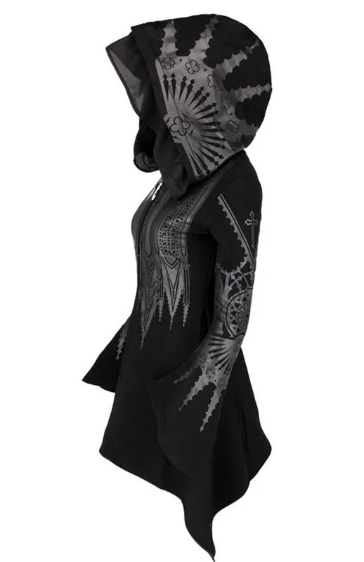 Street Goth Punk Style Black Long Hooded Top Harajuku Retro Dark Grunge Y2K Print Sweatshirts 2022 New Autumn Winter Ladies Tops
