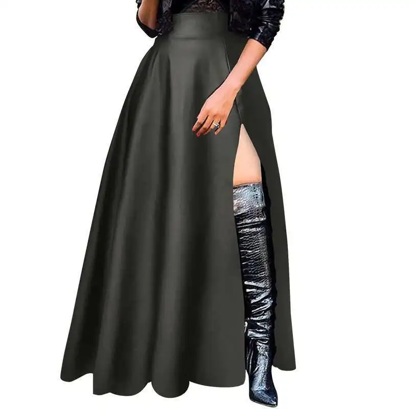 

Plus J8022 Size Women's Pu High Waisted Zipper Long Slit Skirt