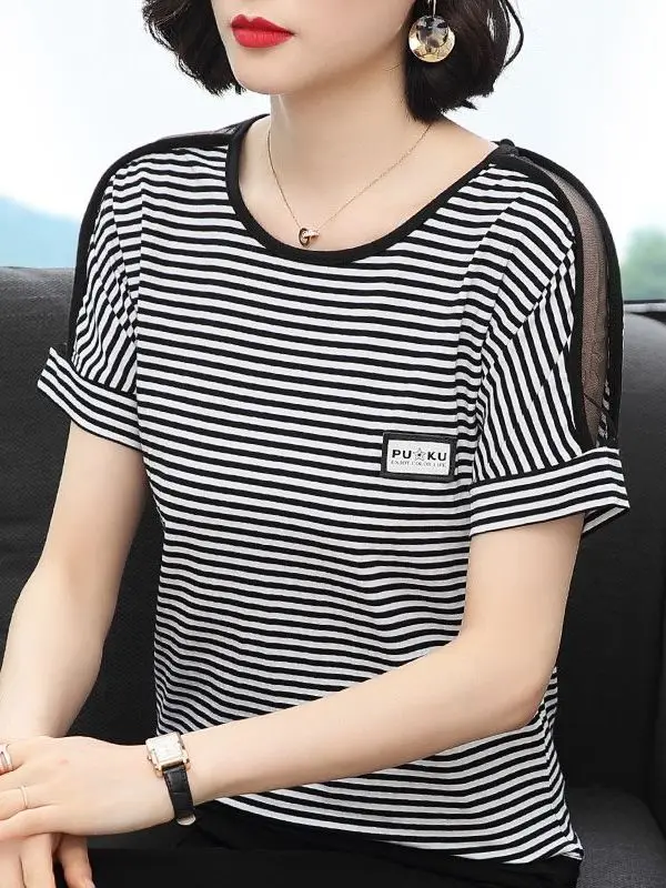 

Summer New plus Size Women's T-shirt Striped Short Sleeve Casual Style Loose Fit Comfortable Breathable round Neck Top