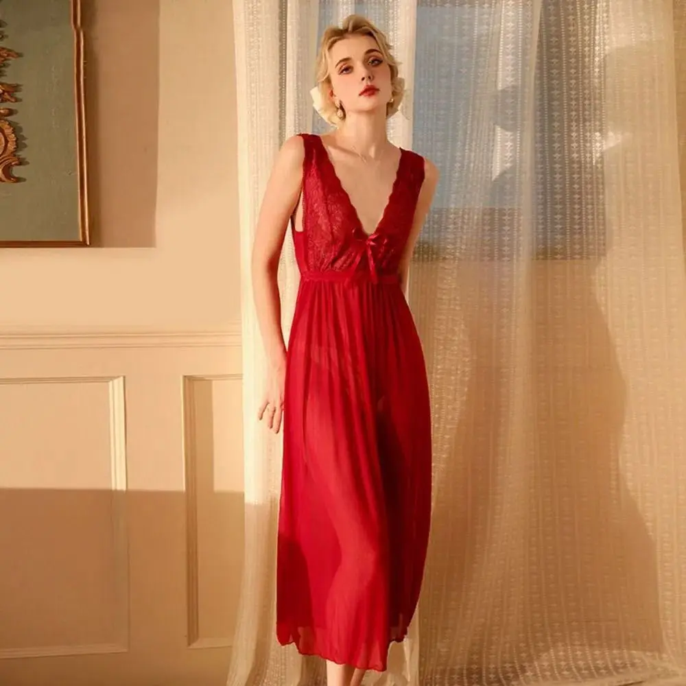 

Pajamas Lace Mesh Flower Nightgown Sleeveless Women Lingerie Bowknot Nightwear Sweet V-neck Nightdress Girl