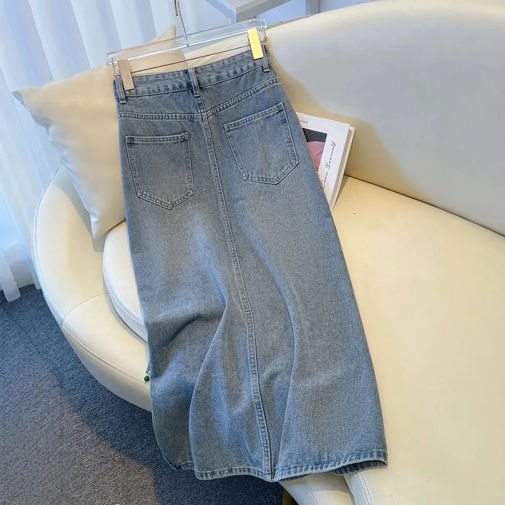 High Waist Split A-Line Denim Skirt Single Breasted Button Lace Up Medi Skirt Vintage Wahsed Pockets Women  Chinese Style Korean