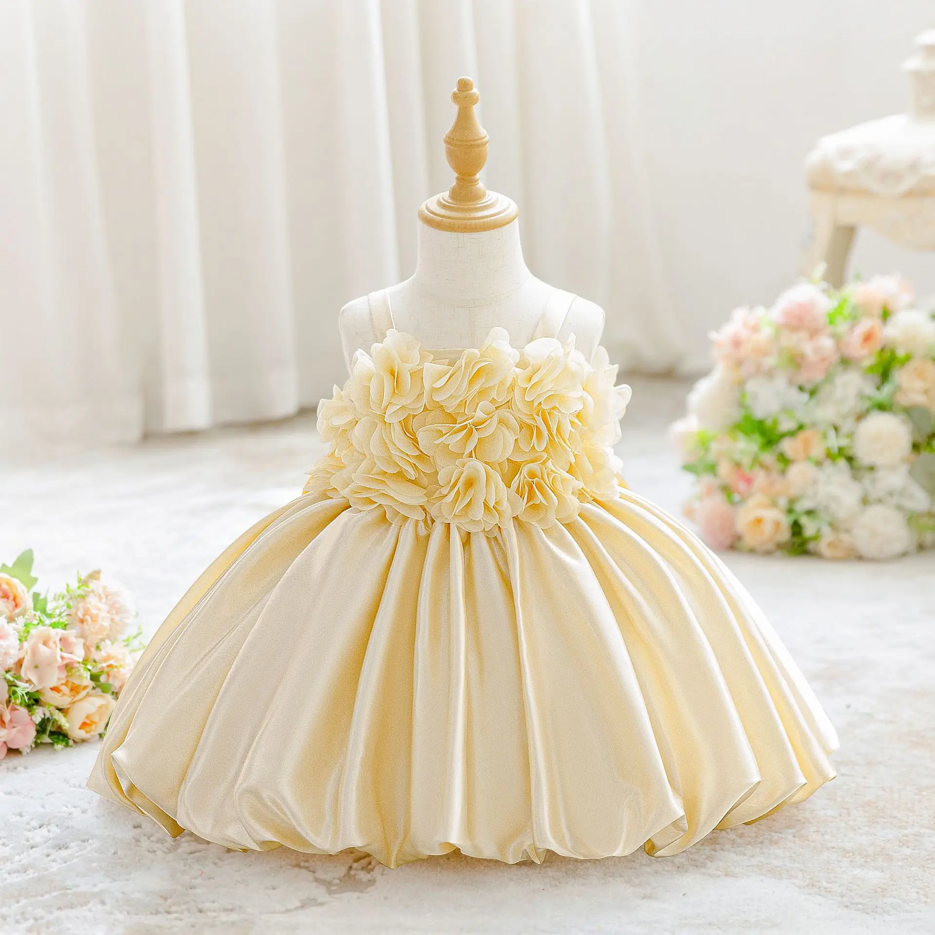 Girl Bow Wedding Bridesmaids Banquet Prom Gown Toddler Flower Birthday Baby Girls Dress Elegant Baptism Party Princess Dress
