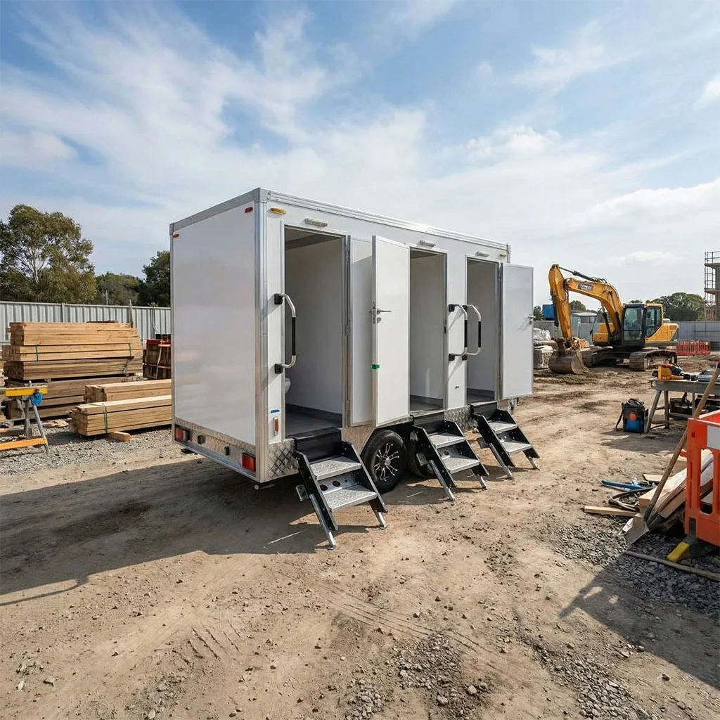 Durable 2 Station Mobile Restroom Trailer Portable Toilet Galvanized Chassis Double Wall Panel Eco-Friendly for Harsh School