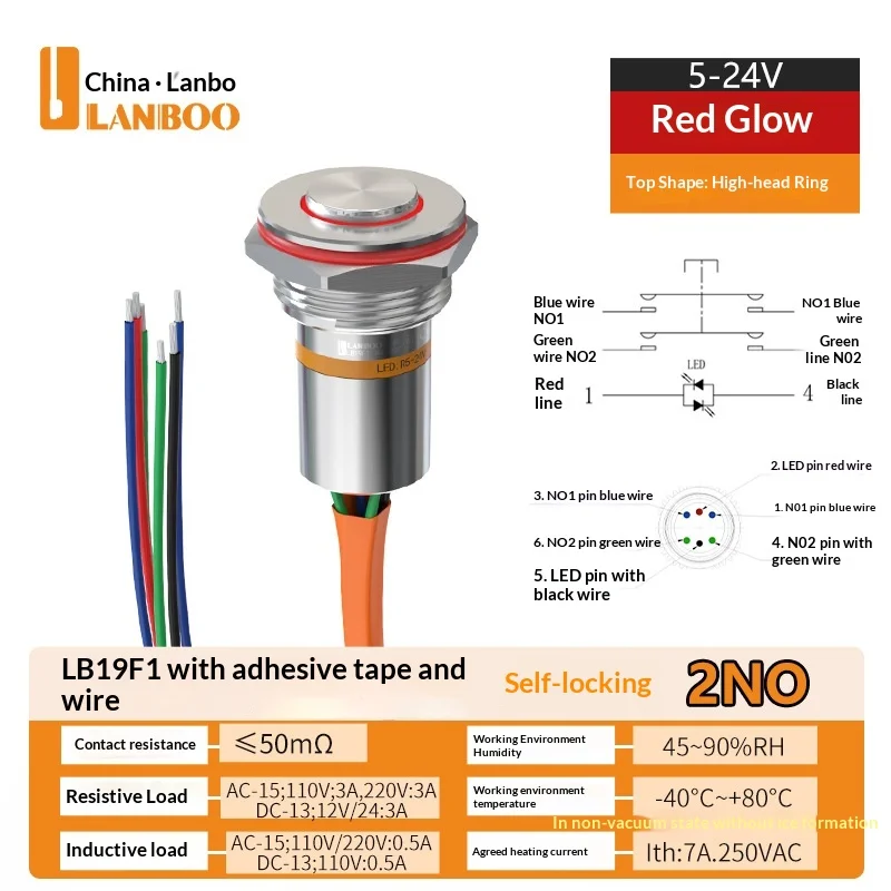 LANBOO F1 serie 19mm miniatuur waterdichte epoxy-geïsoleerde IP67 verlichte drukknop, vergelijkbaar met Bole-stijl
