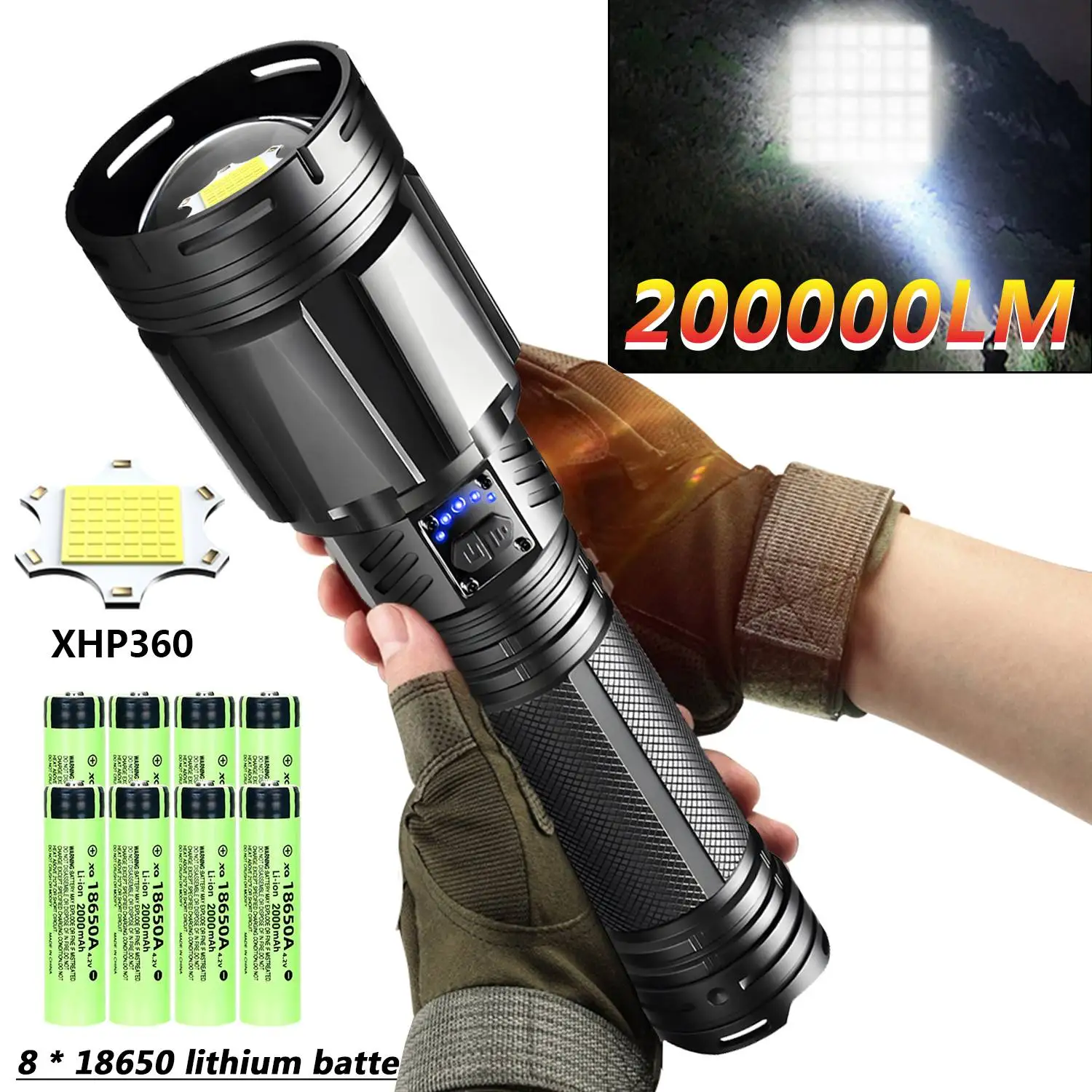 

XHP360 Super Bright LED Flashlight Rechargeable Tactical Torch Long Range Zoom Outdoor Emergency Camping Lantern 18650 Battery