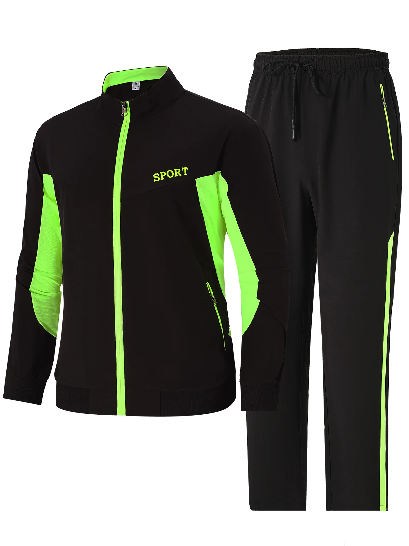 Men's Black Green Colorblock Sport Letter Print Tracksuit Spring Fall Stand Collar Zip up Casual 2 Piece Set