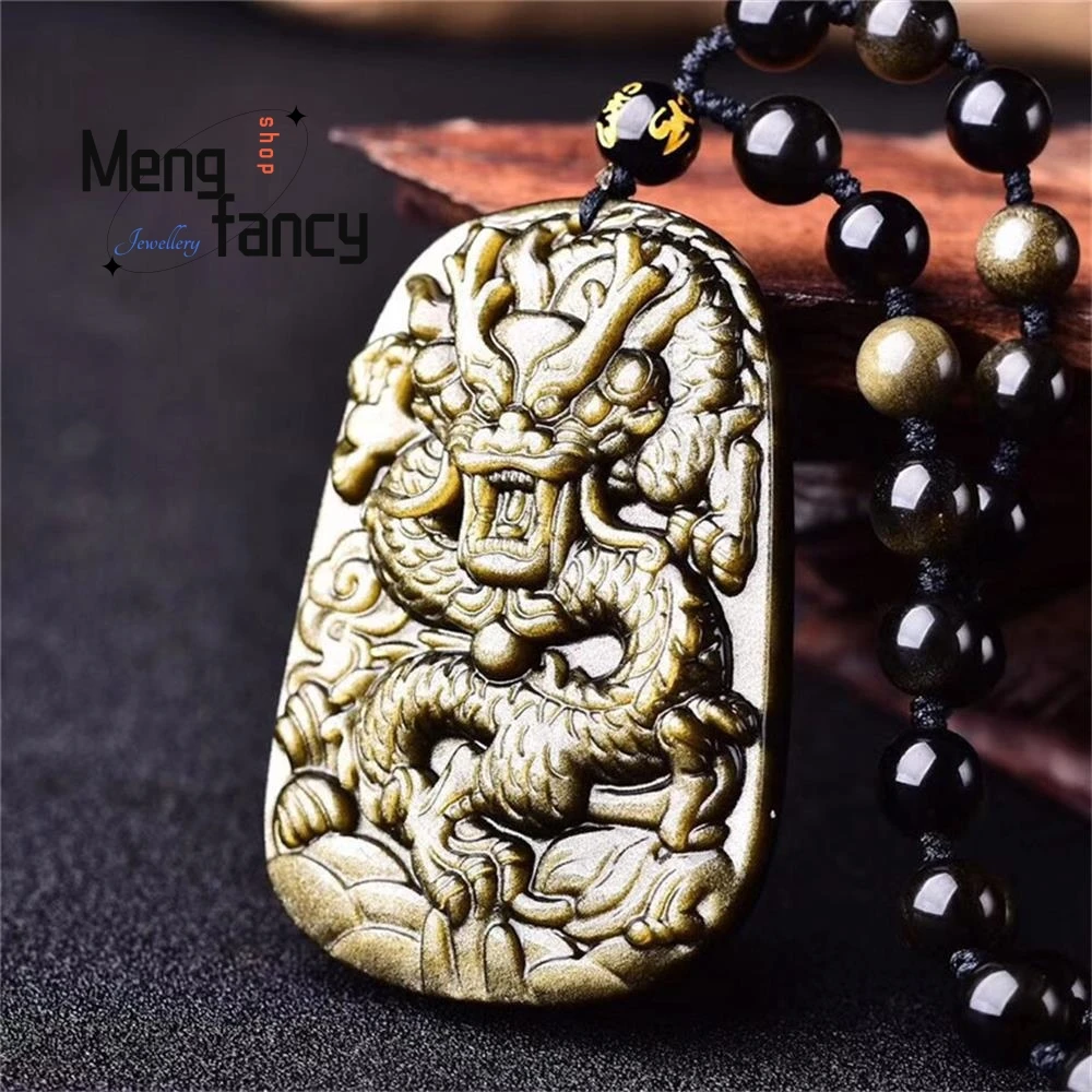 Natural Gold Obsidian Zodiac Dragon Pendant Engraver Customized Fashion Amulet Mascot Fine Luxury Best Selling Exquisite Jewelry