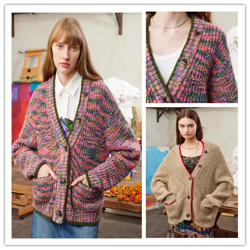 

Foreign trade original single Spain 23 autumn and winter new color contrast loose cardigan knitwear