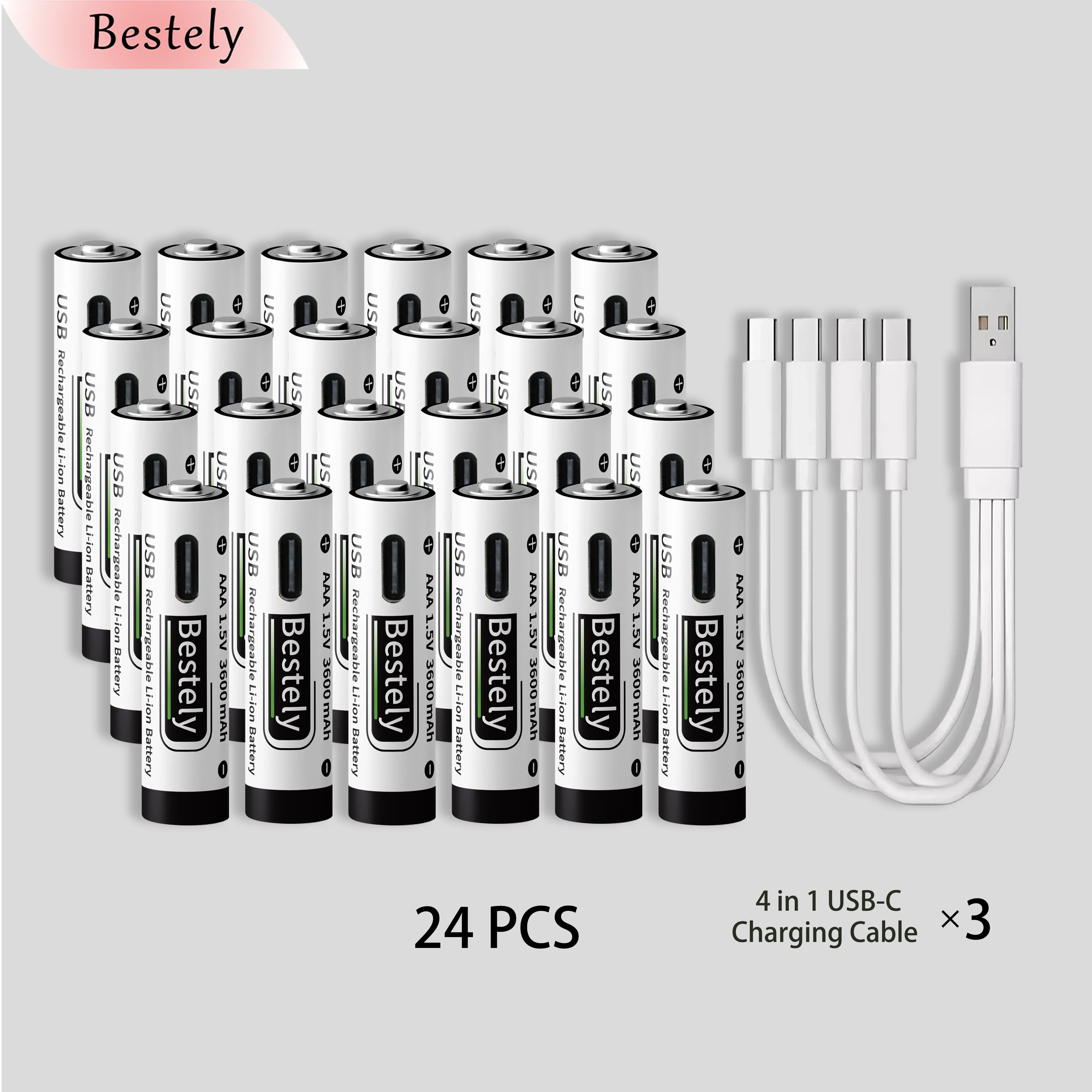 새로운 USB-C 1.5v AAA 3600mAh 충전식 리튬 이온 배터리, 충전식 AAA 리튬 이온 타입-C 배터리, 케이블 포함 2000회 사이클
