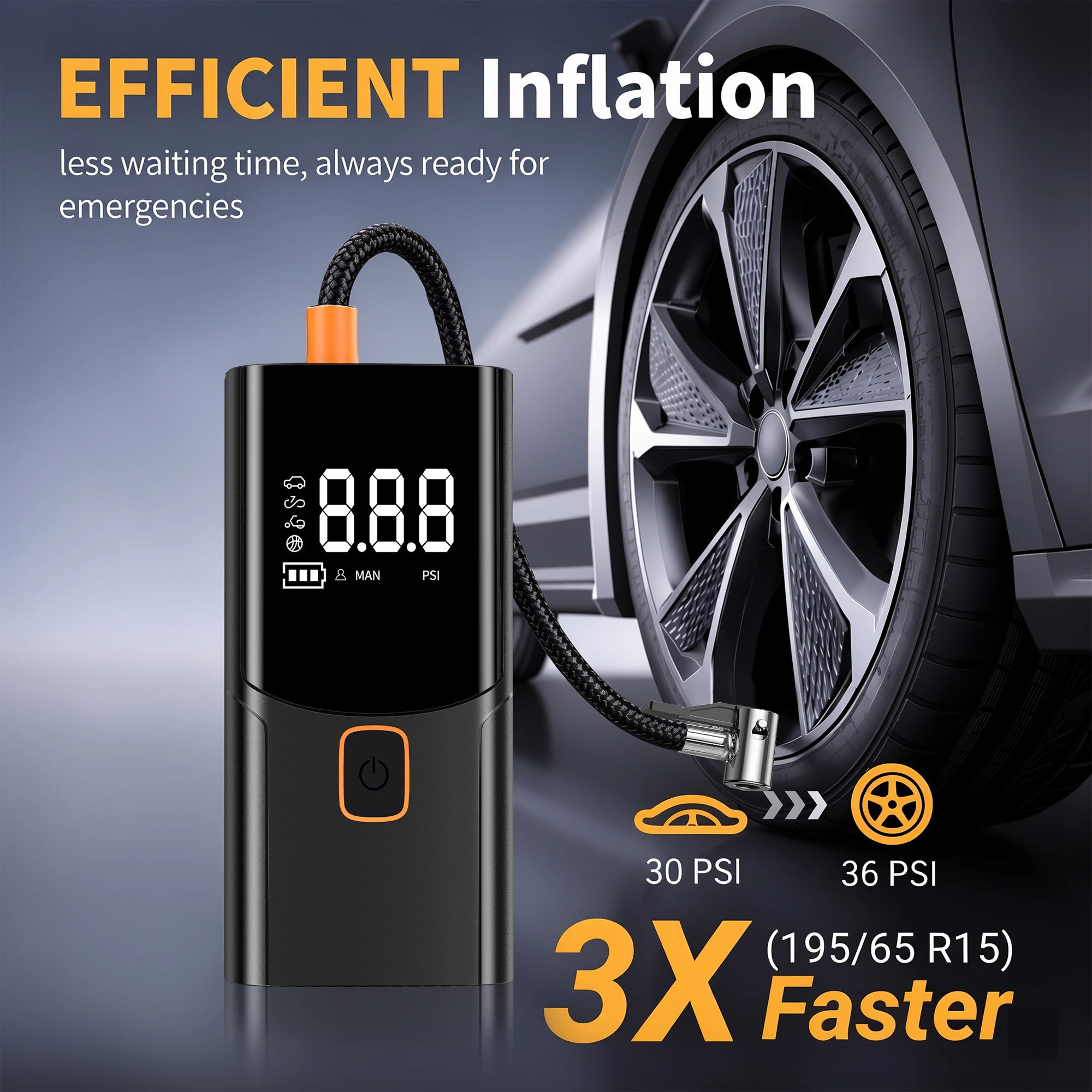 Portable Air Compressor Car Tire Inflator, Electric Tire Pump with LED Light, Digital Pressure Display, Auto Shut Off, Suitable for Car, Motorcycle, Bike, Ball, Emergency Tire Inflation