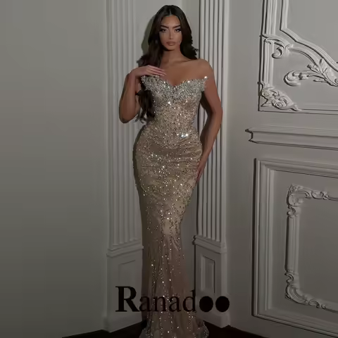 Ranadoo Glitter Crystals Evening Dress for Women Strapless Rhinestones Mermaid kuwiat Vestidos De Graduaction Plus Customized