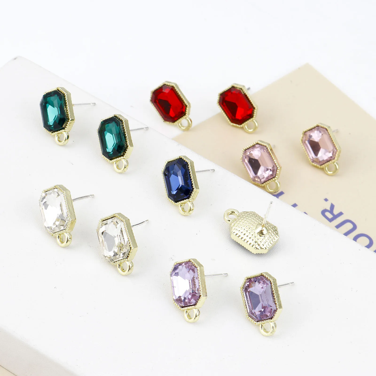 6PCs 0.7mm Multicolor Glass Ear Post Stud Earrings Findings Octagon Gold Color Metal W/ Loop Earrings Women Jewelry 15mm x 10mm