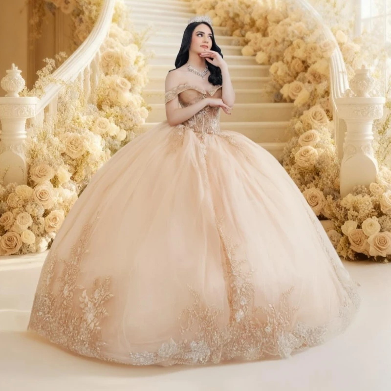 

Champagne Shiny Quinceanera Dresses Off The Shoulder Applique Lace Beading Crystal Tull Corset Party Birthday Sweet 16 Dress