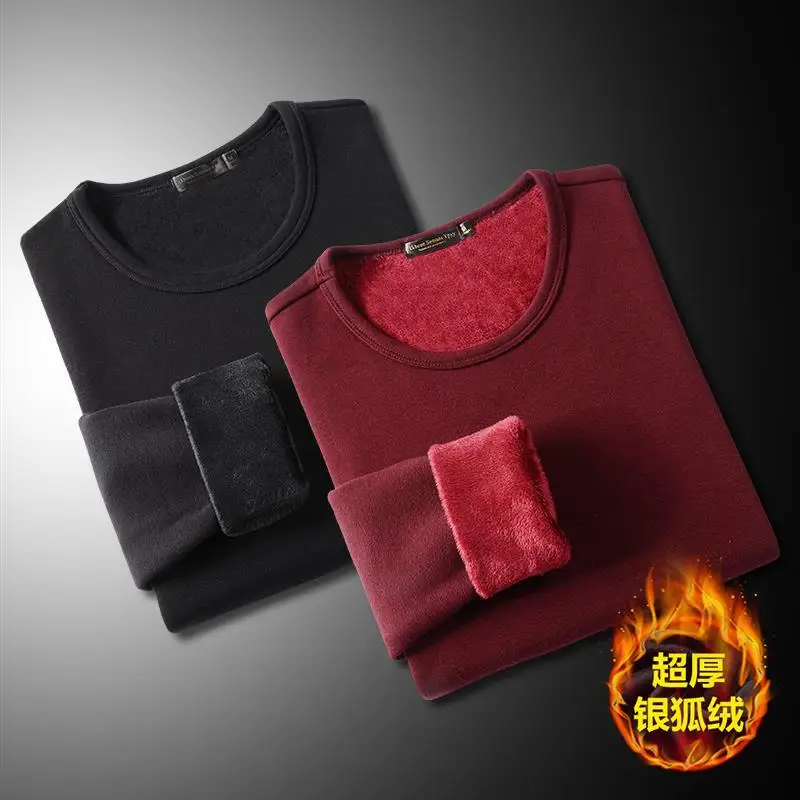 

2 Pieces Men's Bottoming Shirts Winter Fleece Thickening Bottoming Shirts Long-sleeved Warm Autumn Clothes Tops with Round Neck