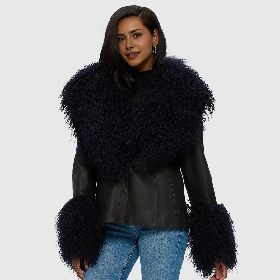 التبتية فرو الضأن طوق الأصفاد الأسود المنغولية صوف الضأن طوق سوار مجموعة فاخرة النساء الشتاء اكسسوارات وشاح الفراء الحقيقي