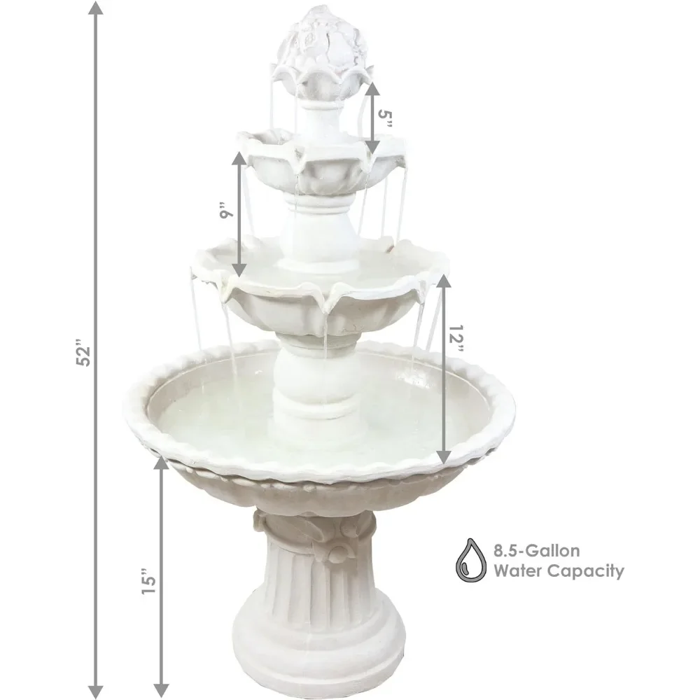 3-Tier Outdoor Water Fountain with Fruit Top - Large Waterfall Feature for The Garden or Backyard - White 52-Inch