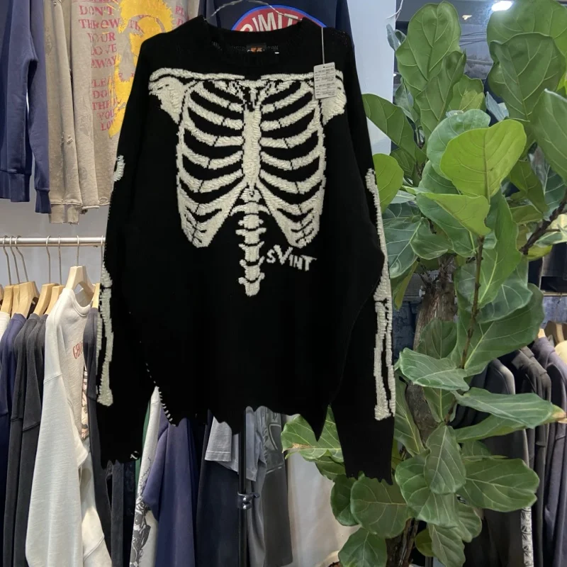 

Уличный вязаный свитер со скелетом, мужской и женский отличительный винтажный дизайн со скелетом, длинный свек, круглый трикотаж Ne