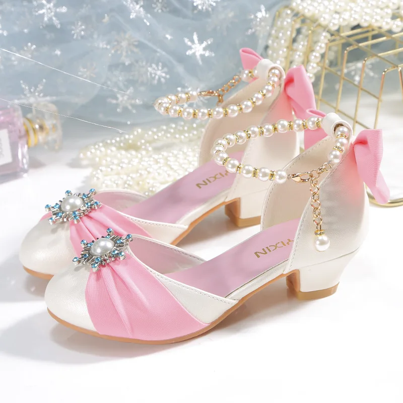 Kids Leather Shoes for Girls Knot Banquet Party Children High Heel Shoe for Kids Girls Sandals Student Crystal Princess Shoes