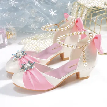 Kinder Leder Schuhe für Mädchen Knoten Bankett Party Kinder Hohe Ferse Schuh für Kinder Mädchen Sandalen Student Kristall Prinzessin Schuhe