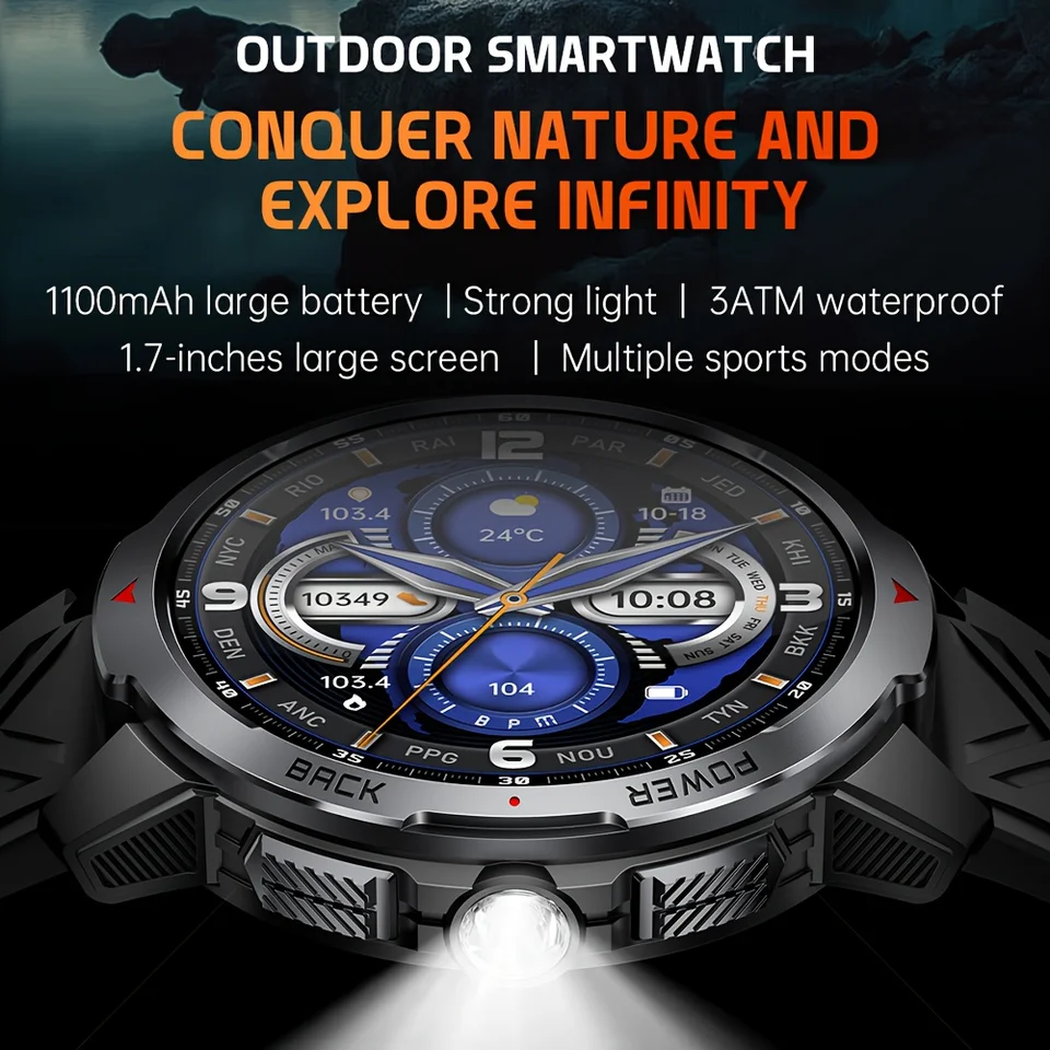 KT88 Smart Watch LED Flashlight Outdoor Compass BT Calling Men