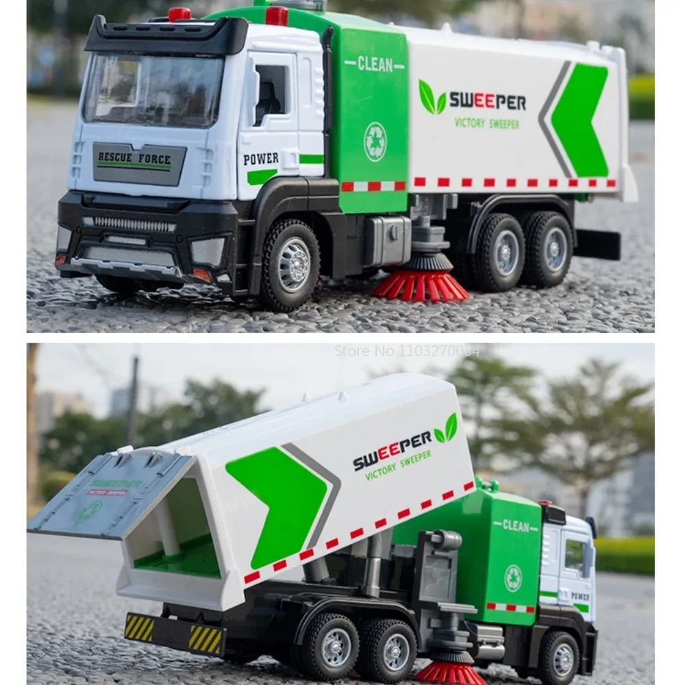 1/32 City Environmental Sanitation Sweeper Alloy Diecast Toy Car Model Sound Light Door Can Opened Elevated Vehicle For Kid Gift