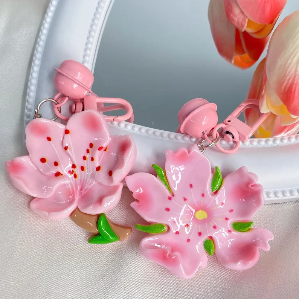 Kawaii Peach Blossom Small Resin Keychain Lotus Tulip Flower Keychain Pendant with Bell Cute Sweet Keyring Friend Gifts