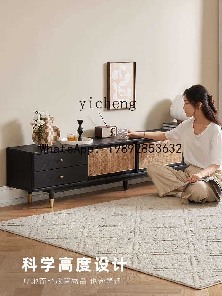 b2 Solid Wood TV Cabinet Light Luxury Small Apartment Living Room TV Stand Oak Rattan Storage Cabinet
