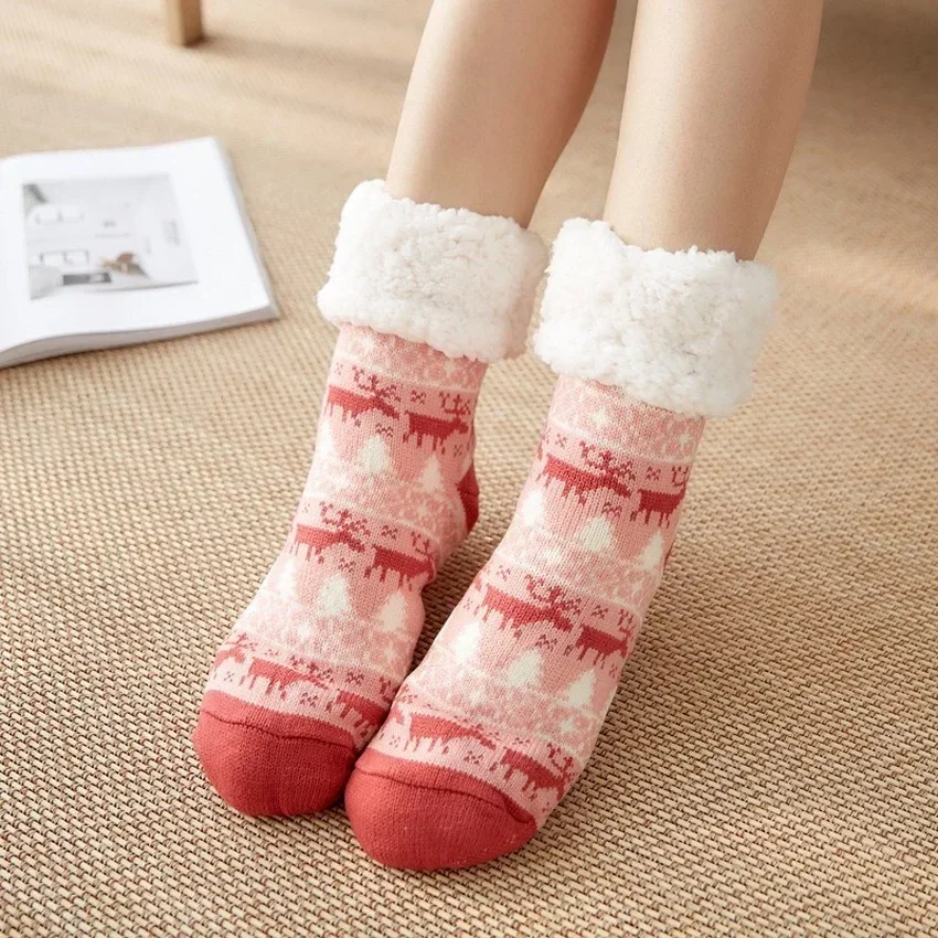 Kerst Thermische Sokken Vrouwen Winter Warm Pluche Zachte Vloer Grip Fuzzy Pluizige Bont Korte Slipper Sok Dikke Dames Grappig Schattig