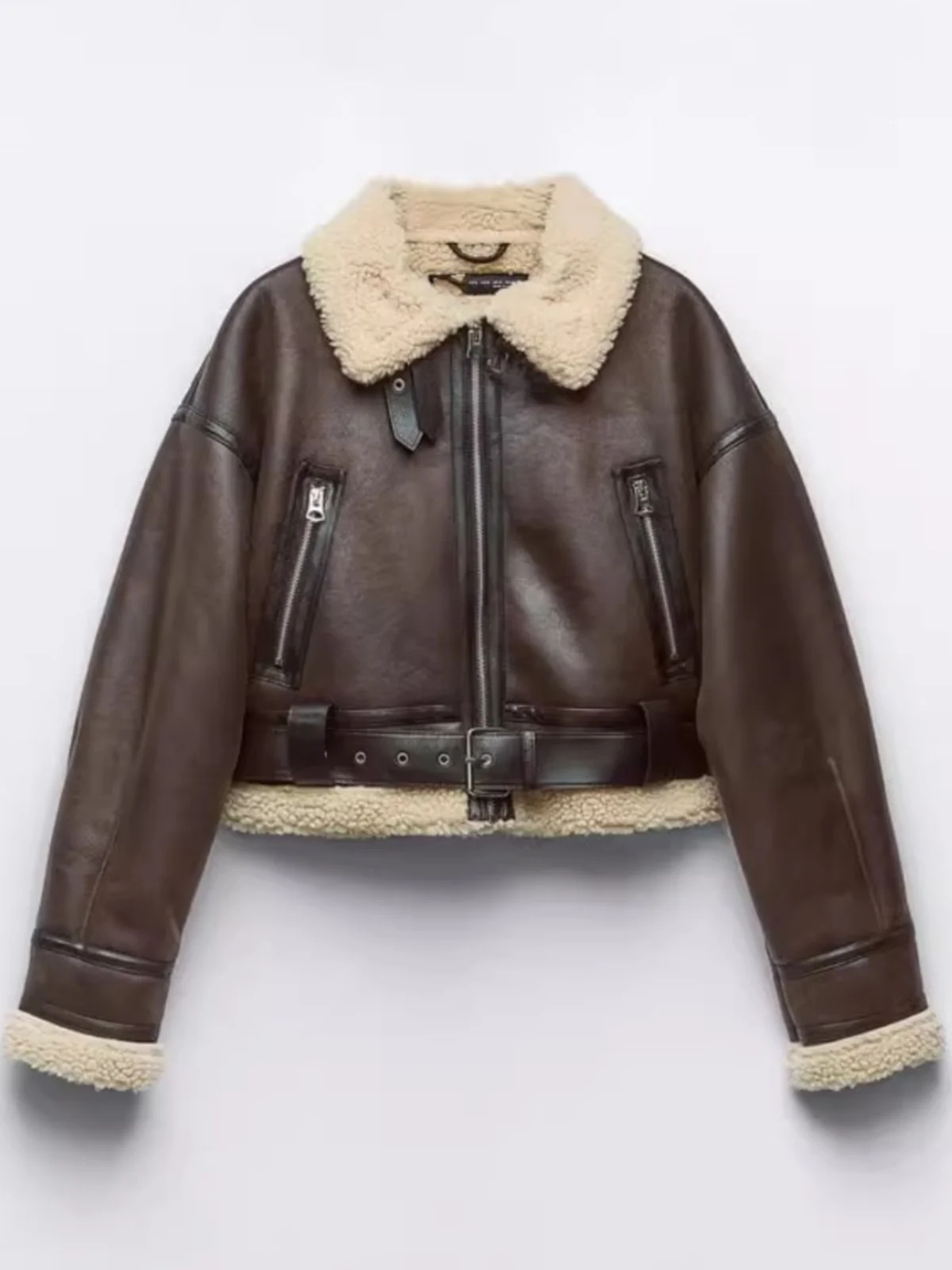 سترة قصيرة نسائية بأسلوب راكبي الدراجات النارية لفصلي الخريف والشتاء، مصنوعة من فرو الحملان ذو الوجهين، تصميم متكامل من الجلد...