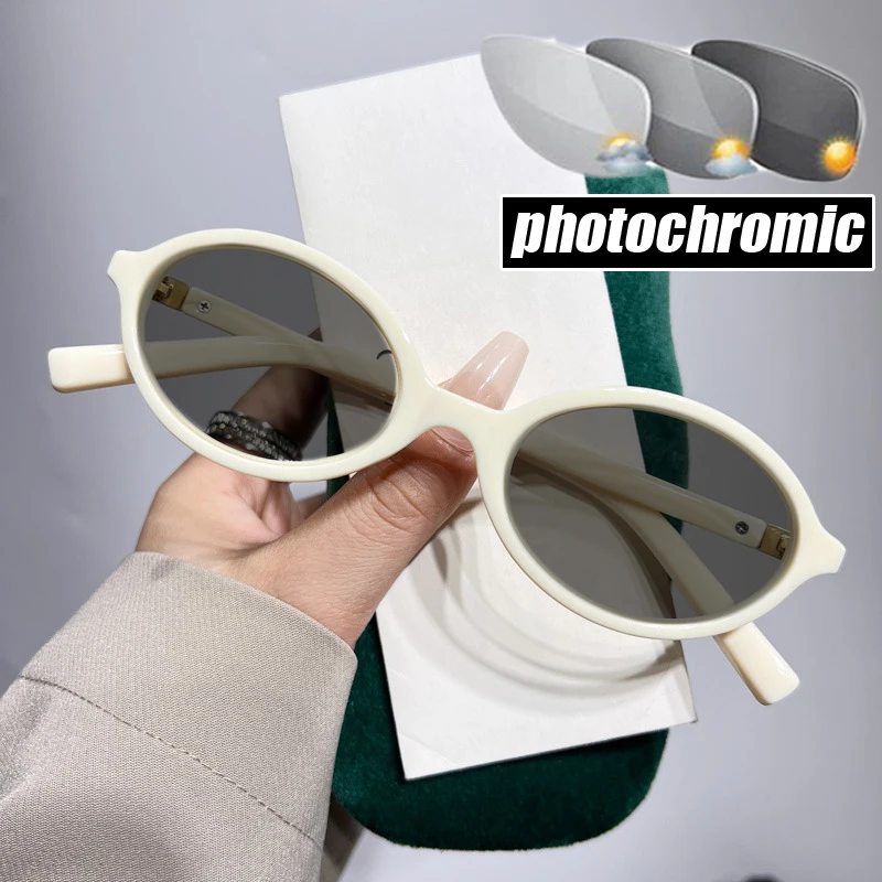 

New Photochromic Myopia Glasses for Women Unisex Retro Color Changing Sun Glasses Fashion Oval Frame Near-sighted Eyeglasses