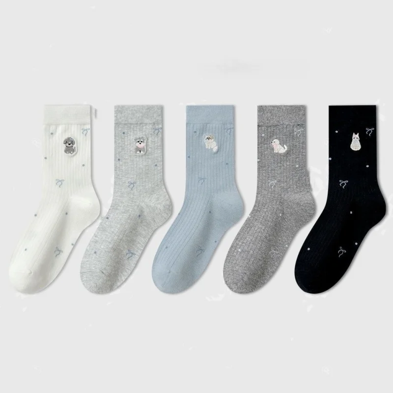 

5 Pairs of Socks with Random Colors, Featuring Cute Puppy and Kitten Patterns, Mid-Calf Length, Autumn Style, Sweet Bowknot, Cute Puppy and Kitten Imitation Embroidery Socks for Women, Suitable for Autumn and Summer
