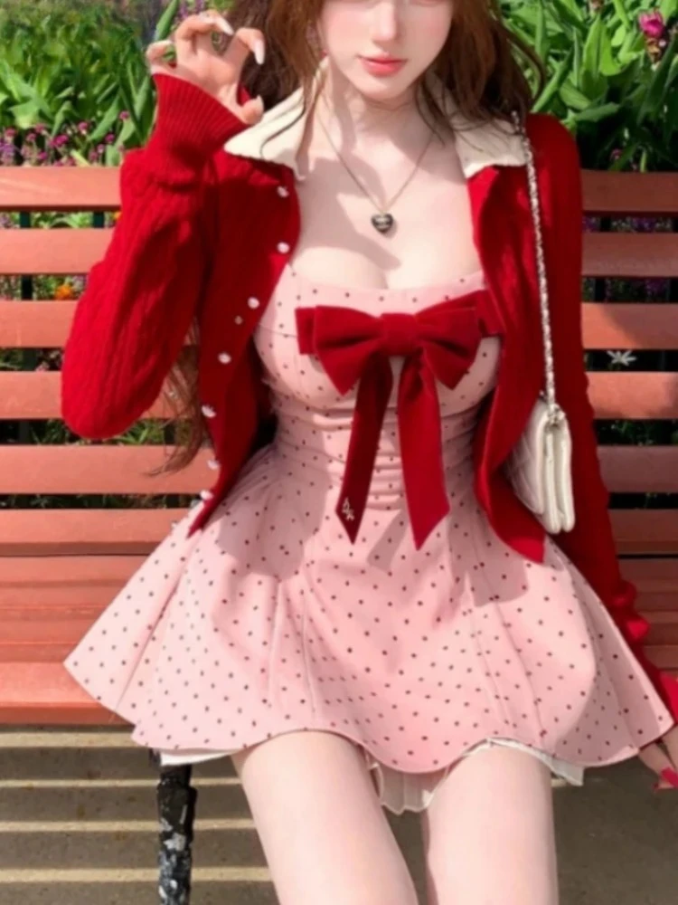 2000s Korean Fashion Sweet Cute 2 Piece Set Women Polka Dot Mini Dress Slim Waist Fit + Soft Knit Cardigan Elegant Chic Outfit