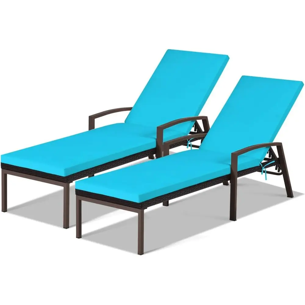 

2PCS Outdoor Rattan Chaise Lounge Chairs with 5-Position Backrest, Cushion & Armrests, Ideal for Poolside, Deck, Backyard (Turqu