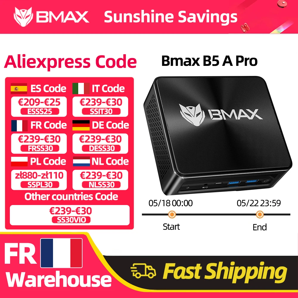 Mini PC BMAX B5 A Pro, processeur AMD Ryzen 7 5700U/5825U, carte graphique AMD Radeon, 16 Go de RAM (compatible jusqu'à 64 Go), DDR4, SSD NVMe 512 Go, Windows 11, WiFi.