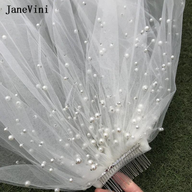 Janevini Twee Layer Sluier Met Metalen Kam Elegante Koreaanse Bruiloft Vail Zachte Tulle Korte Velo Parels Ivoor Vrouw Bridal Veils 2022