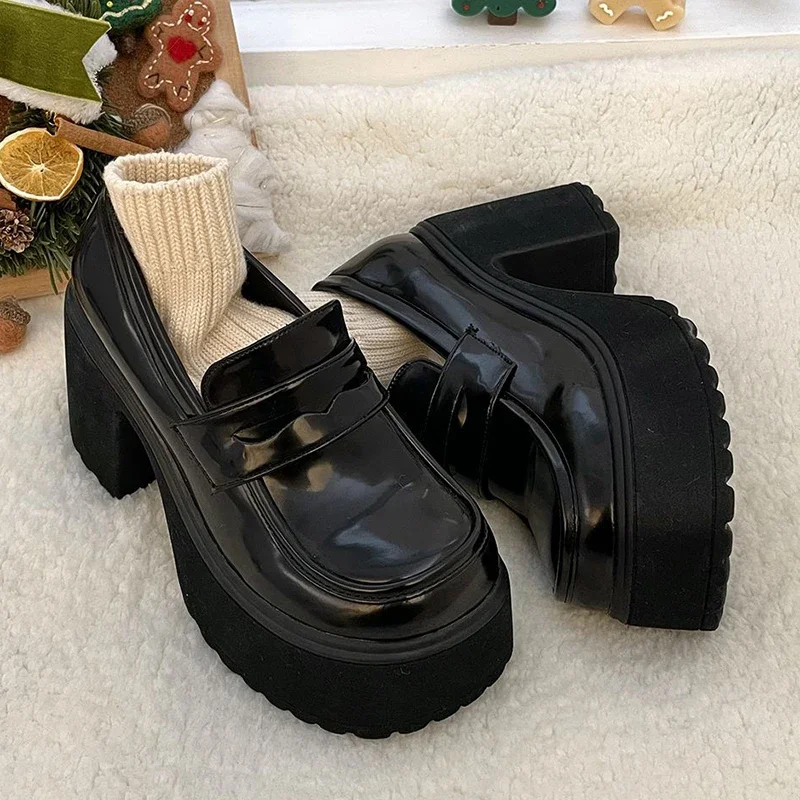 Gothic Chunky High Heels Pumps for Women 2025 Spring Patent Leather Platform Loafers Woman Black Thick Heeled Jk Lolita Shoes