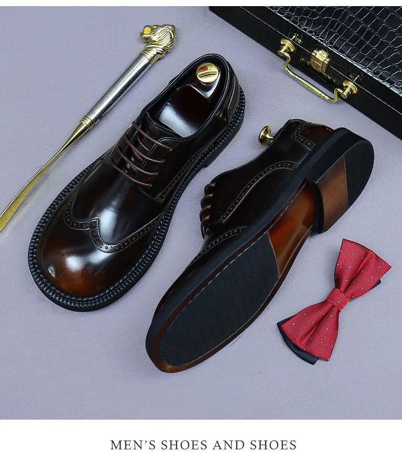 Zapatos Brogue Retro para Hombre, de Cuero Genuino de Lujo, Punta Redonda, Hechos a Mano, Planos, Color Marrón y Negro, para Bodas y Eventos Sociales