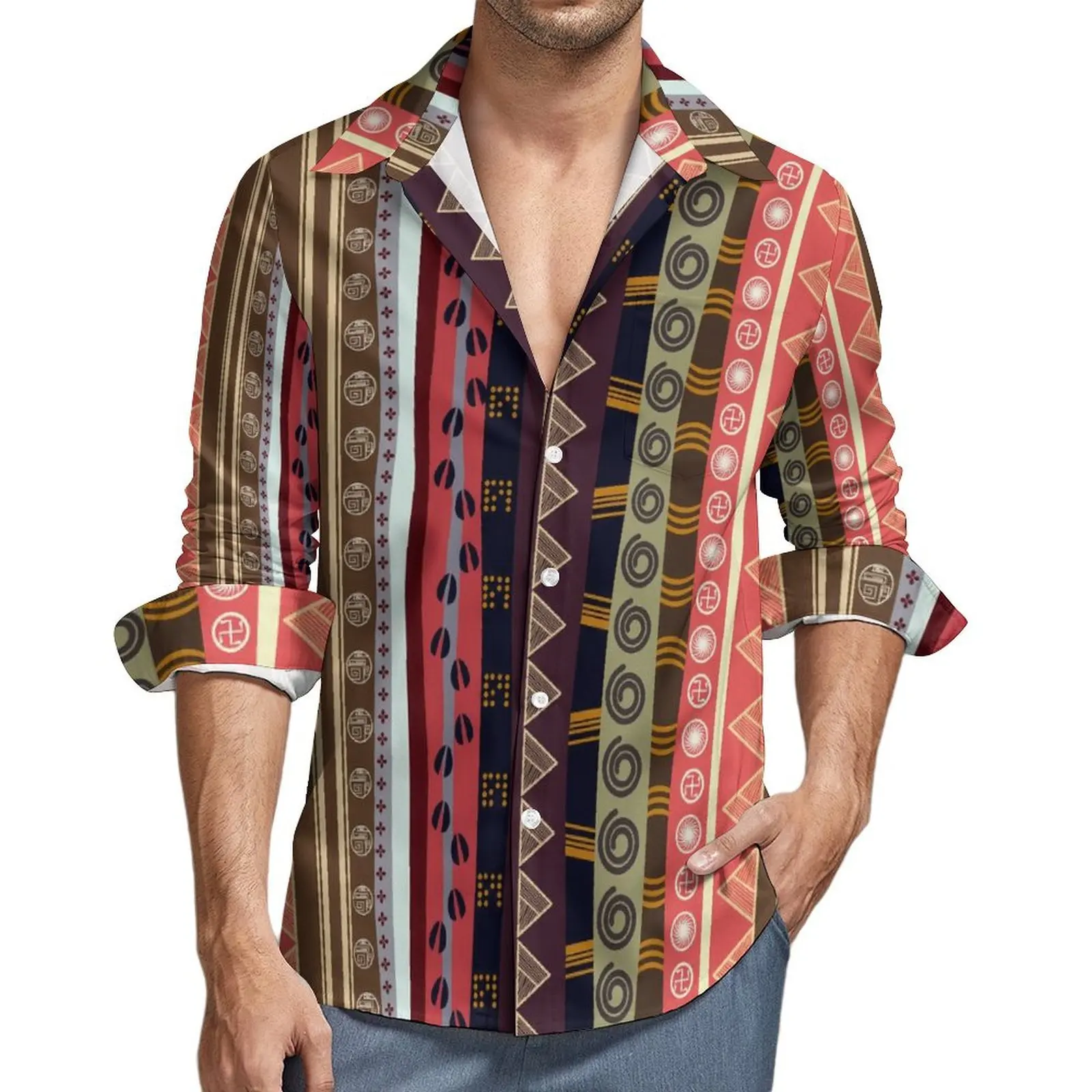 

Vintage Tribal Casual Shirt Mens African Ethnicity Y2K Funny Shirt Autumn Retro Blouse Long Sleeve Design Oversized Clothes