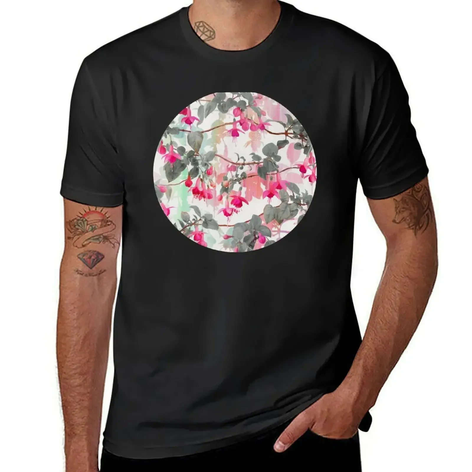 Rainbow Fuchsia Floral Pattern - with grey T-Shirt for a boy customs anime clothes tees mens graphic t-shirts