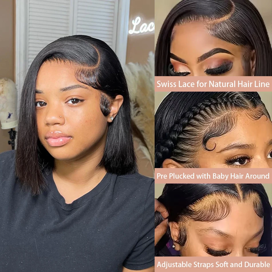 Wig Depan Renda Penutup 13X4 Bob Lurus Pendek dengan Kepadatan 200% Rambut Manusia 100% Brasil 4X4 Wig Renda Depan Transparan 14 Inci