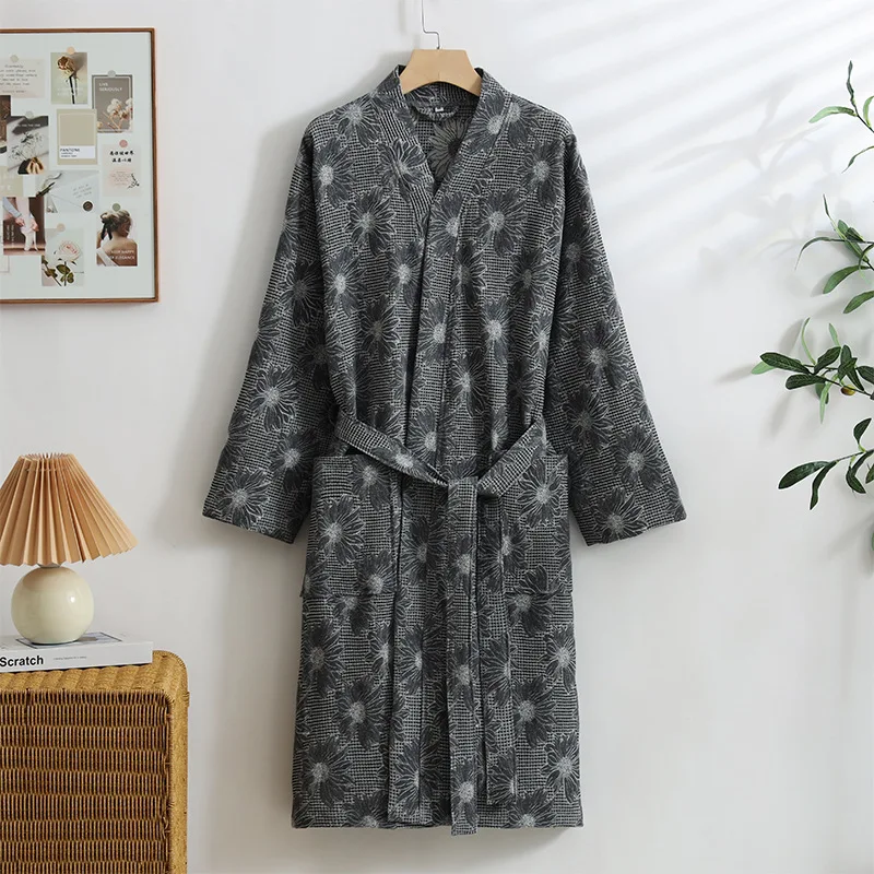 

Jacquard waffle pattern Robe 100% Cotton Bathrobe for Women & Men kimono spring Quick-Dry Sleepwear Loungewear