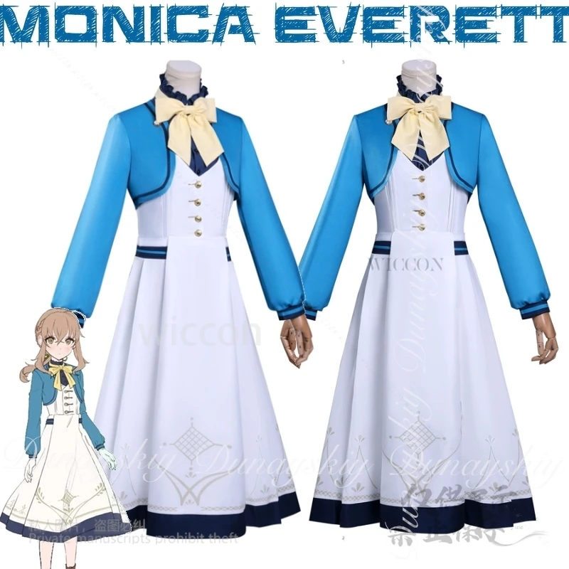 MoeMimic أسرار الساحرة الصامتة أنيمي مونيكا ايفريت تأثيري مع لون القهوة شعر مستعار أزرق أبيض فستان زي جميع مجموعة كوس